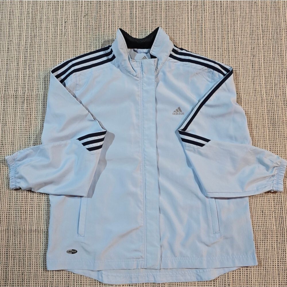 Adidas Mesh Lined ClimaProof Full Zip Windbreaker Jacket In Baby Blue Women’s L